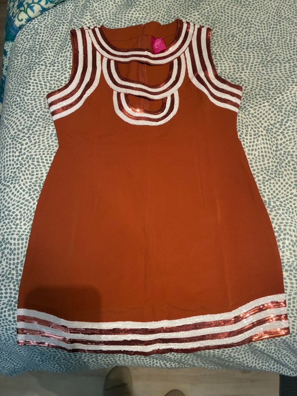 QUEEN OF SPARKLES Burnt Orange & White Sequin Trim Cut Out Tank Dress